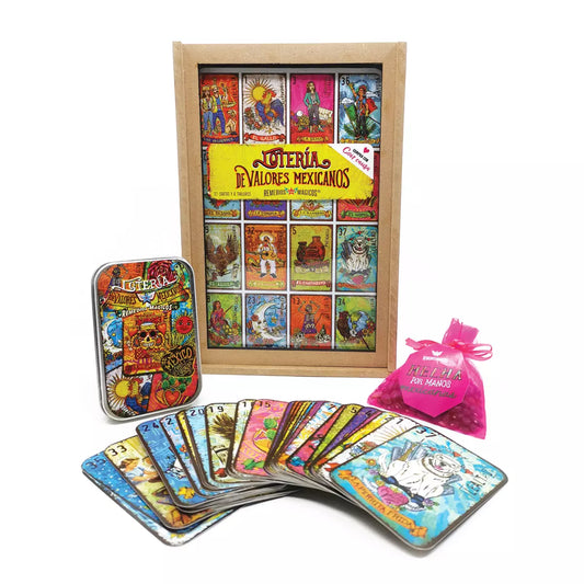 LOTERÍA DE VALORES MEXICANOS "EDICIÓN COLECCIÓN" Caja de Madera y Latita cartas